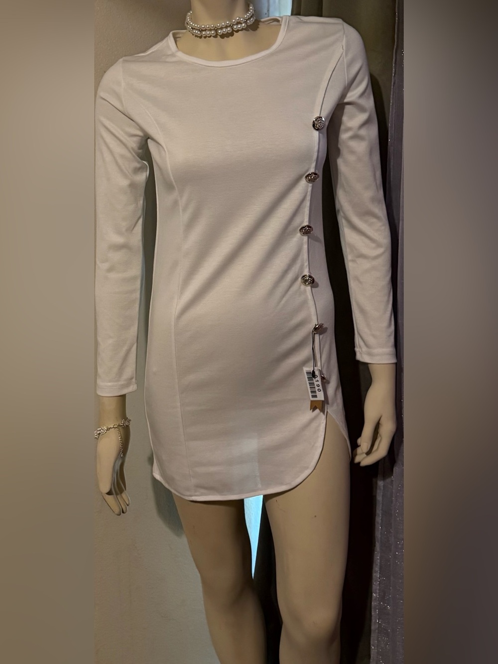 White Button-Accent Long Sleeve Mini Dress